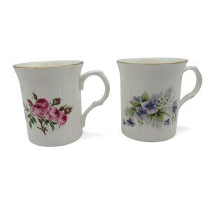 ROYAL CASTLE Ribbed Floral Mugs Set of 2 Pink and Blue Flowers Vintage